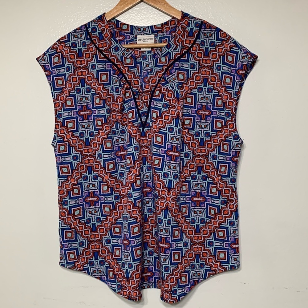 Liz Claiborne Multi Color Abstract Geometric Light Weight Sleeveless Blouse PXL
